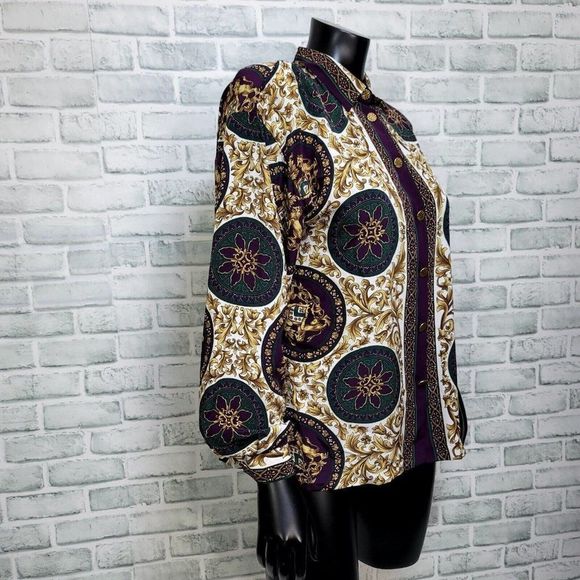 Vintage 80s 90s Thats Me! Womens S/M Multi Ornate Filigree Long Sleeve Button Up - Picture 5 of 8